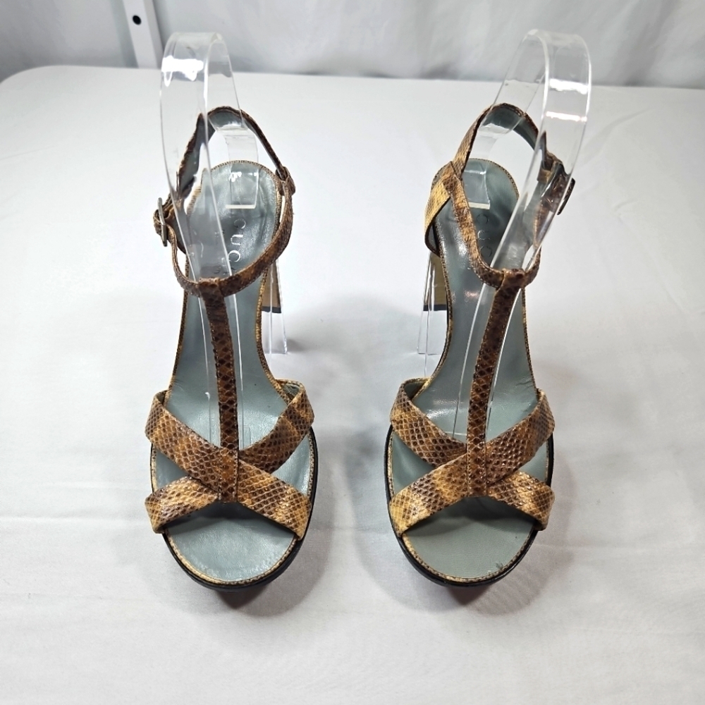 Gucci Brown Snakeskin Print Leather Sandals Size 35.5